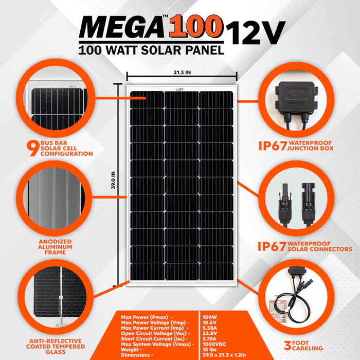 MEGA 100 Watt Monocrystalline Solar Panel | Best 12V Panel for VAN RVs and Off-Grid | 25-Year Output Warranty | UL Certified