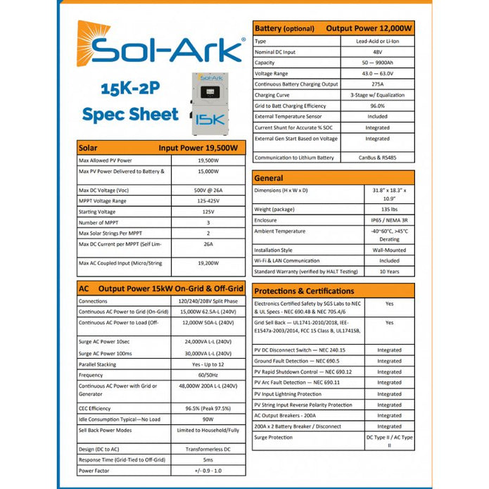 Sol-Ark 15K 120/240/208V 48V [All-In-One] Pre-Wired Hybrid Solar Inverter | 10-Year Warranty