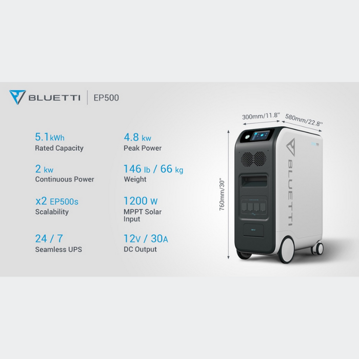 Bluetti [EP500] 5,100wH / 2,000W Solar Power Station | Off-Grid, Mobile, Emergency Backup Power Supply