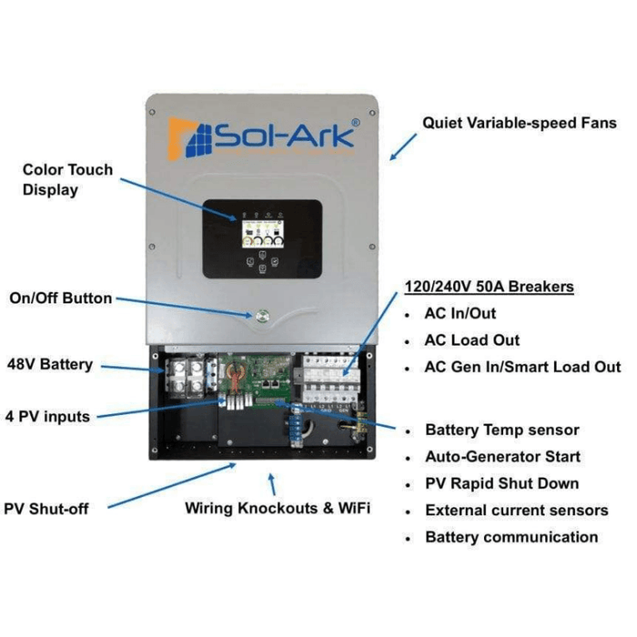 Sol-Ark 12K 120/240/208V 48V [All-In-One] Pre-Wired Hybrid Solar Inverter | 10-Year Warranty - ShopSolar.com